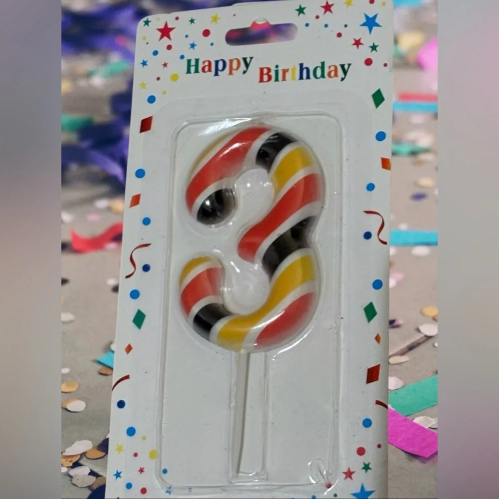 Striped Number 3 Birthday Party Candle Cake Topper - Red, Yellow, and Black